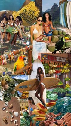 a collage of photos with people and animals on them, including birds, watermelons