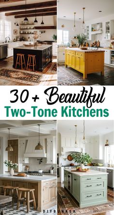 beautiful two tone kitchen cabinets with text overlay that reads 30 + beautiful two tone kitchens