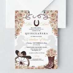 this is an image of a wedding card with flowers and boots on the front, in white