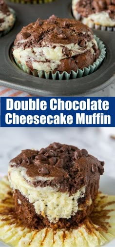 double chocolate cheesecake muffins in a muffin pan with the title above it