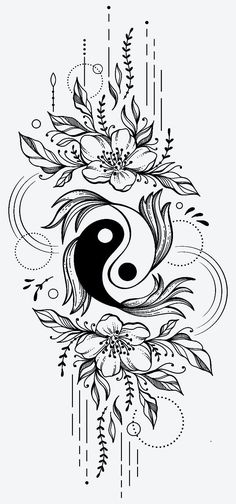 a black and white drawing of a yin symbol with flowers in the center on a white background