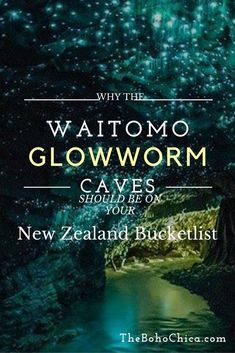 a cave filled with water and stars in the sky, text reads nz wattomo glowworm caves