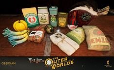 an assortment of food items are displayed on a table with the caption'the outer worlds '