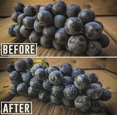 before and after pictures of grapes on a wooden table with the words, before and after