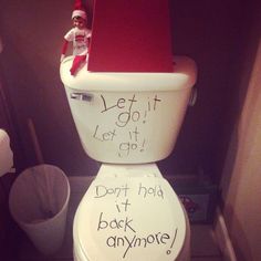 two pictures one has a toilet and the other has an elf on top of it