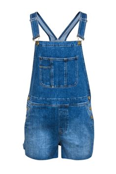 Current Boutique-Frame - Medium Wash Denim Raw Hem Shortalls Sz S Cheap Denim Blue Cotton Shortalls, Cheap Blue Shortalls With Pockets, Trendy Summer Bib Front Shortalls, Trendy Summer Shortalls With Bib Front, Trendy Medium Wash Overall Shortalls, Denim Bib Front Shortalls For Summer, Trendy Medium Wash Cotton Shortalls, Denim Blue Shortalls For Summer, Trendy Denim Shortalls With Bib Front