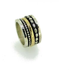 Free shipping worldwide -  Hammered 925 sterling silver spinner meditation ring decorated with geometric shapes and a hammered gold filled band.This wide spinning ring looks great on both men & women. It is the perfect birthday gift, anniversary, wedding, valentine day, mothers day, easter gift, holidays gift etc.  Sterling silver spinner ring, spinning ring, wide ring, spinner band, fidget ring, meditation ring, spinner ring, hammered ring, boho ring, statement ring, worry ring, womens spinner Spinning Jewelry, Ring Spinning, Rings Boho, Rings Anniversary, Spinning Ring, Handmade Wedding Rings, Meditation Prayer, Worry Ring, Spinning Rings