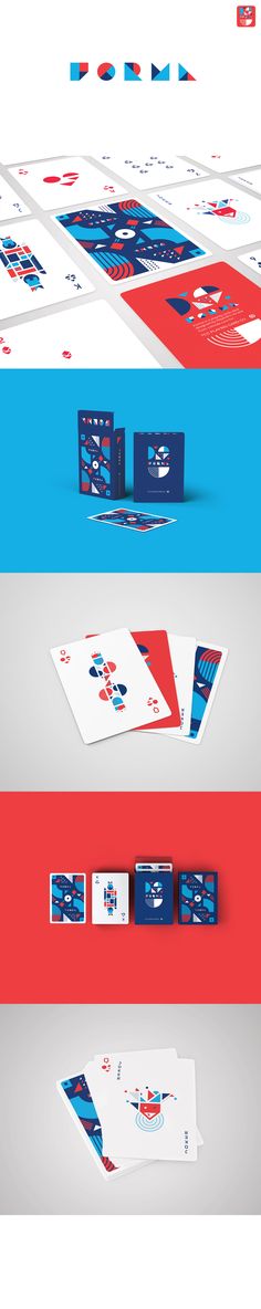 three different types of business cards with red, white and blue designs on them are shown