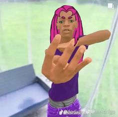 an animated image of a woman with pink hair pointing at the camera and holding her finger up