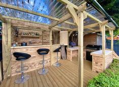 an outdoor kitchen with bar stools on the deck and grill in the back ground