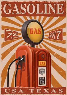 an old fashioned gas pump with the words gasoline on it's front and side