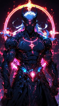 an anime character standing in front of a circle with neon lights and demon horns on his chest