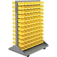 a metal rack with yellow bins on the top and two shelves below it that hold several different types of plastic containers