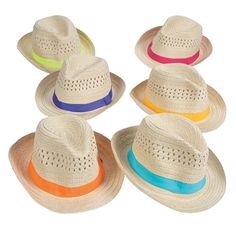 six straw hats with different colors on them