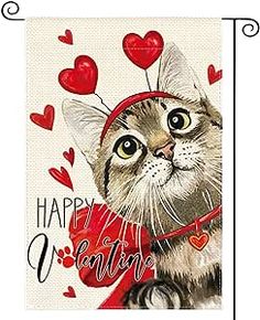 a card with a cat wearing a red headband and hearts on it's face