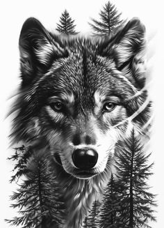 a black and white drawing of a wolf in the woods with pine trees behind it