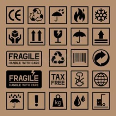 various symbols and signs for fragile with care royalty illustration on brown background stock images, clipping