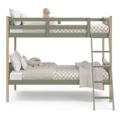 a green bunk bed with white sheets and checkered pillows on the bottom, next to a teddy bear