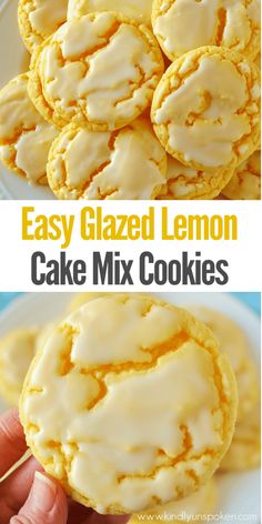 easy glazed lemon cake mix cookies on a white plate