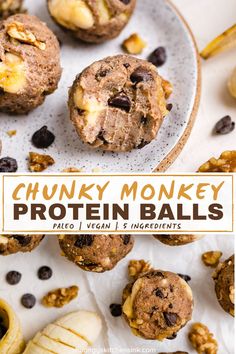 chunky monkey protein balls on a plate with bananas and chocolate chips