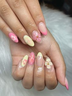 pink and yellow nails for the summer Pale Yellow And Pink Nails, Yellow Nails With Pink Flowers, Pink Yellow Nail Art, Pastel Yellow And Pink Nails, Light Pink And Yellow Nails, Pink Blue Yellow Nails, Pink And Yellow Summer Nails, Yellow Design Nails, Pink And Yellow Nail Designs