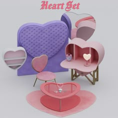 the heart set is pink, purple and white with hearts on it's shelves