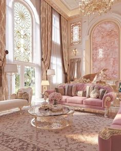 a fancy living room with pink couches and chandeliers