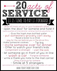 the 20 acts of service poster is shown in black and white, with pink lettering