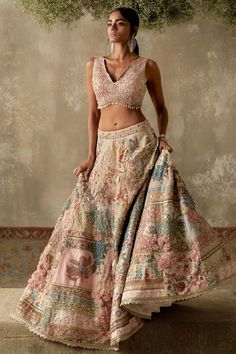 Varun Bahl | Light Pink Corsage Lehenga Gilet Set | INDIASPOPUP.COM Patchwork Lehenga, Abhinav Mishra, Lehenga Dupatta, Full Sleeve Blouse, Classic Blouses, Bridal Lehengas