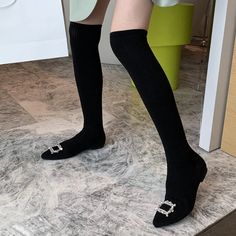 New Design Crystal Buckle Women Slim Leg Thigh High Sock Boots Casual Flat Heels Black Stretch Fabric Over The Knee Shoes Boot Type: Sock Boots Shaft Material: Stretch Fabric Outsole Material: Rubber Upper Material: knitting Origin: Mainland China Season: Spring/Autumn Insole Material: PU Heel Type: Flat with Lining Material: PU Boot Height: Over-the-Knee Item Type: Boots Fashion Element: CRYSTAL Department Name: Adult Toe Shape: Pointed toe Heel Height: Flat (≤1cm) With Platforms: Yes Platform Height: 0-3cm Style: LEISURE is_handmade: Yes Pattern Type: Solid Model Number: 3256804361967371 Fit: Fits true to size, take your normal size Closure Type: Slip-On pointed toe boots: winter boots women bottine femme: thigh high boots women Long boots Welcome to my shopsize 35=US size 4 = feet lengh High Sock Boots, Over The Knee Sock Boots, Thigh High Sock Boots, Stylish Winter Boots, Thigh High Sock, Thigh High Boots Flat, Womens Boots Flat, Shoes Boot, Flat Heels