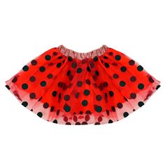 a red and black polka dot tutu skirt with white dots on the bottom, in front of a white background