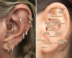 a woman's ear with different types of piercings