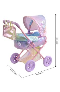 a pink and purple baby stroller with an umbrella