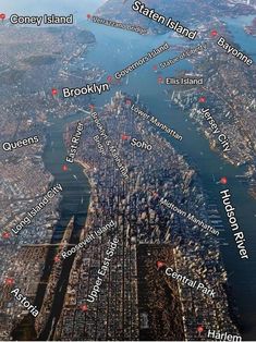 an aerial view of new york city and the surrounding area, with all its major landmarks marked in red