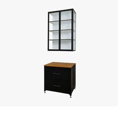 a black cabinet with two drawers and a mirror