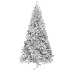 a white christmas tree with lights and snow on the top is standing upright in front of a white background