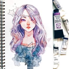 a drawing of a girl with purple hair and stars on her head, surrounded by markers