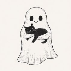 a black and white drawing of a cat in a ghost costume