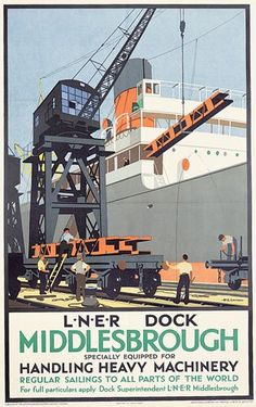 an old poster shows men working on a large boat in the water, with cranes around it