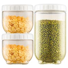 three glass jars filled with different types of cereals and nuts, one is open to show the contents