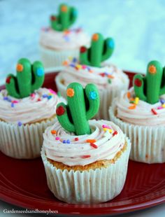 cupcakes with frosting and cactus decorations on a red plate, ready to be eaten