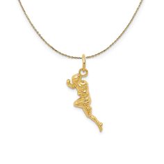 Tie the meaning to the moment with a classic or unusual pendant that makes it personal, thoughtful, or meaningful. This football player charm crafted in 14k yellow gold features a 2-dimensional design with a polished finish. The approximate size is 7mm (1/4 inch) in width by 26mm (1 inch) in length with the bail. Includes a 16 inch long, 0.9mm wide, solid 14k yellow gold cable chain with a spring ring clasp.