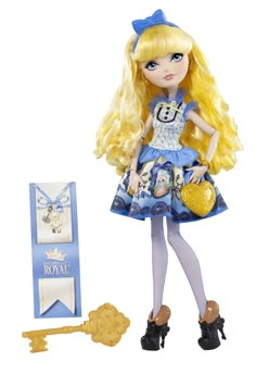 a doll with blonde hair and blue dress holding a yellow purse next to a key