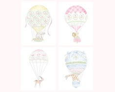 four hot air balloons with animals on them in pastel pinks and blues, set against a white background