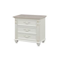 a white nightstand with two drawers and marble top on the bottom, against a white background