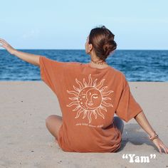 Express your Boho Loving Hippie Soul with this cute Stay Wild Moon Child Sun and Moon Shirt! This Mystical Celestial Comfort Colors® Tshirt is super comfy! Size up for a Trendy Oversized Look! ♥ Hello and Welcome to Meaningful Tees Shop! ♥ Model is wearing Yam. ♥ All of our items are made one at a time with care for each customer : ) ♥ Please allow 3-7 BUSINESS days (usually 3-5) for your item to be created PLUS shipping time via USPS ♥ UNISEX TEES fit like a Mens Shirt on Women, but are not overly large. ♥ For a RELAXED FIT, your usual size will typically work, but please consult the Size Chart in the Listing Photos ♥ For a TRENDY OVERSIZED FIT, size up 1, 2, or 3 Sizes! (2 sizes up is most common) ♥ For a SNUG FIT, size down 1 size. ♥ When in doubt, lay your favorite Tshirt flat and meas Spiritual Tshirt Design, Trendy Tshirts Graphic Tees Design Women, Orange Relaxed Fit T-shirt For Beach, Bohemian Short Sleeve Beach T-shirt, Bohemian Crew Neck Shirt For Vacation, Bohemian T-shirt For Beach With Short Sleeves, Bohemian Short Sleeve T-shirt For Beach, Oversized Orange T-shirt For Summer, Oversized Bohemian T-shirt For Summer