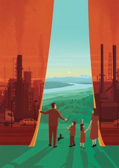 a man and two children standing in front of an industrial landscape