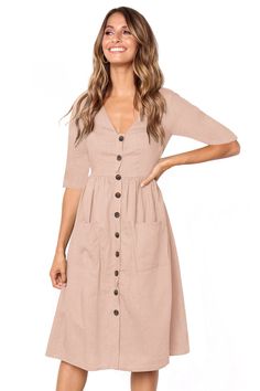 BestDealFriday Pink Button Front Midi Dress With Pockets P1479975, Pink-(US 16-18)XL Black Tie Event Dresses, Gaun Dress, Bodycon Dress Homecoming, Stylish Midi Dress, Midi Dress With Pockets, Cheap Dresses Casual, Midi Skater Dress, Ball Party, Cheap Dresses Online