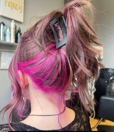 pink hair inspo Pink Peak A Boo Black Hair, Pink Under Lights Hair, Brown And Pink Hair Underneath, Hot Pink Underdye Hair, Hot Pink Ends Hair, Hot Pink Hair Streaks Brunette, Pink Fade Hair, Underdye Hair Pink, Pink On Brown Hair No Bleach