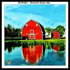 a painting of a red barn by the water